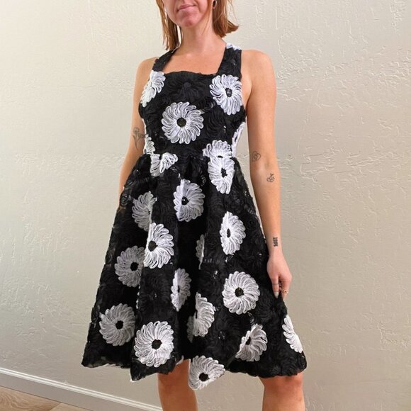 Black Tulle Daisy Flower Embellished Fit + Flare Dress - Picture 7 of 8